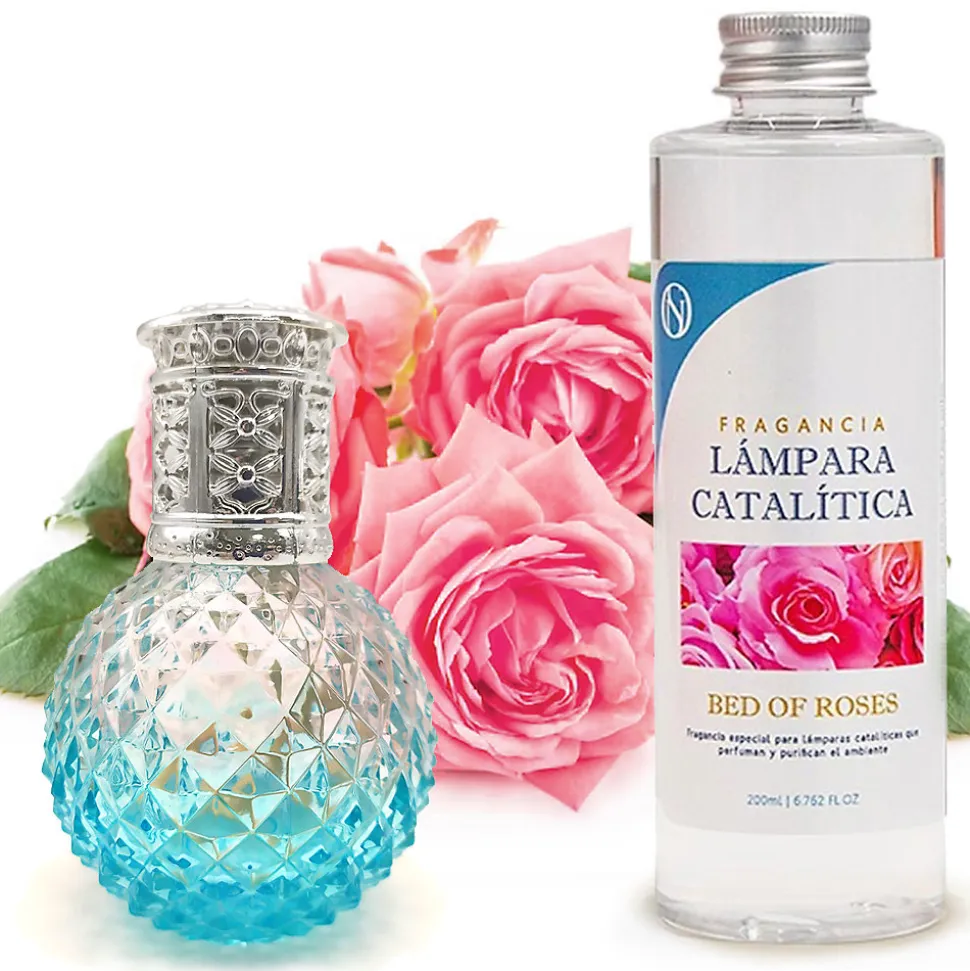 Lampe catalytique Blue Diamonds + Parfum Bed of Roses 500 ml - Élimine mauvaises odeurs, parfume et améliore qualité de l'air