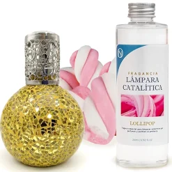 Lampe catalytique Mosaïque Doré + Parfum Lollipop 200 ml - Élimine les mauvaises odeurs, parfume et améliore la qualité de l'air