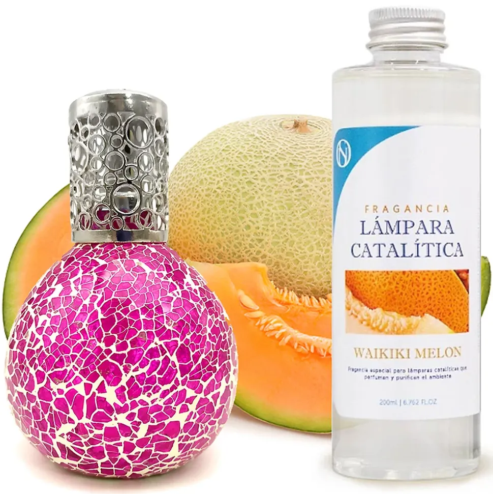 Lampe catalytique Mosaïque Fuchsia + Parfum Waikiki Melon 500 ml - Élimine mauvaises odeurs, parfume et améliore qualité de l'air