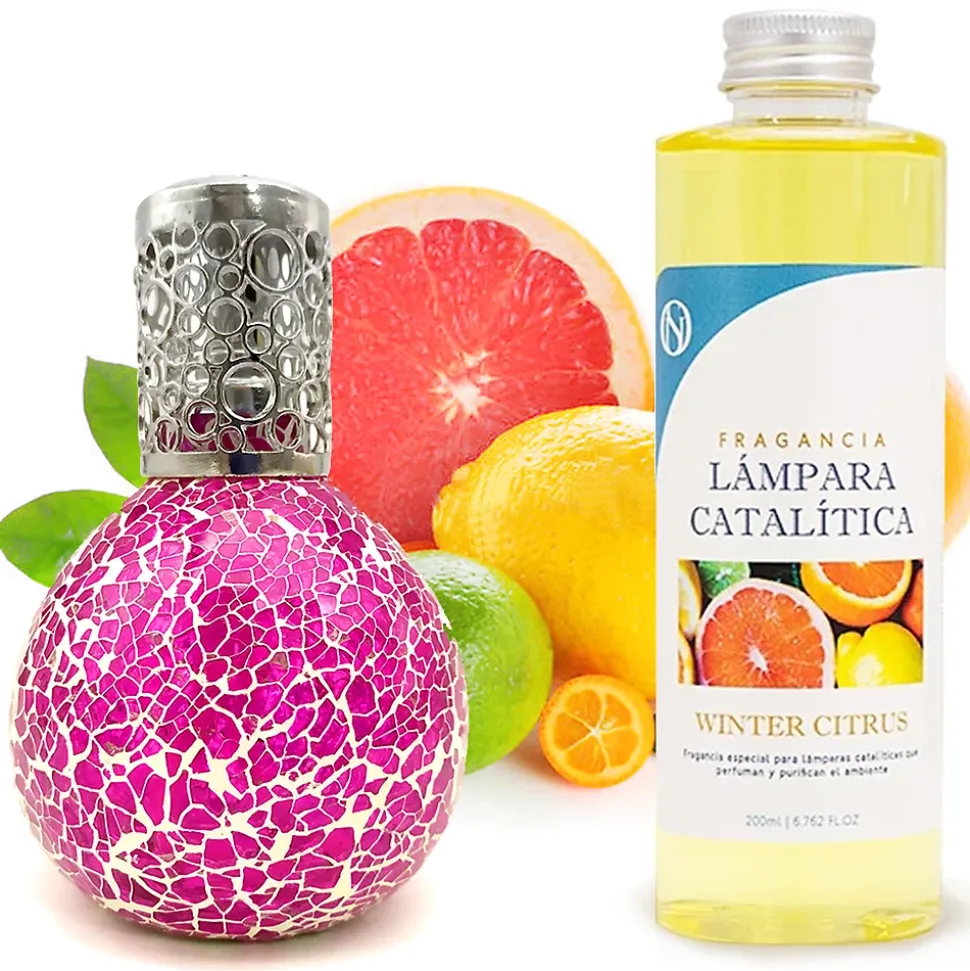 Lampe catalytique Mosaïque Fuchsia + Parfum Winter Citrus 200 ml - Élimine mauvaises odeurs, parfume et améliore qualité de l'air