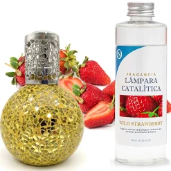 Lampe catalytique Mosaïque Doré + Arôme Wild Strawberry 200 ml - Élimine mauvaises odeurs, parfume et améliore la qualité de l'air