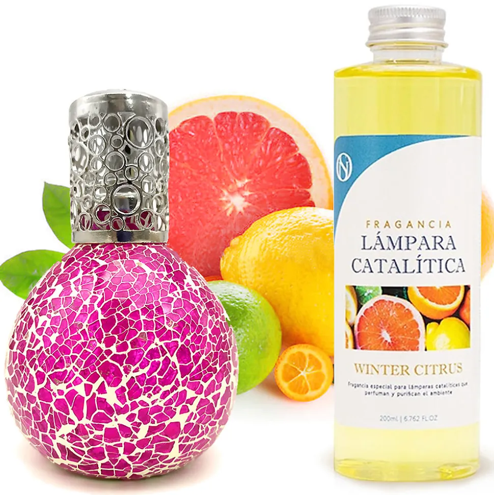 Lampe catalytique Mosaïque Fuchsia + Parfum Winter Citrus 500 ml - Élimine mauvaises odeurs, parfume et améliore qualité de l'air