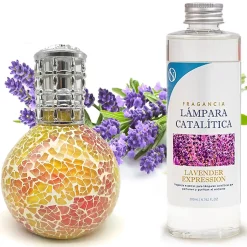 Lampe catalytique Mosaïque Bicolore + Parfum Lavender Expression 200ml. Élimine mauvaise odeur parfume et améliore qualité de air