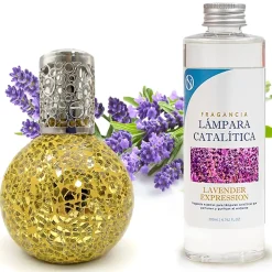 Lampe catalytique Mosaïque Doré + Parfum Lavender Expression 500ml. Élimine mauvaises odeurs, parfume et améliore qualité de l'air
