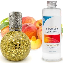 Lampe catalytique Mosaïque Doré + Arôme Peach Velvet 200 ml - Élimine mauvaises odeurs, parfume et améliore la qualité de l'air