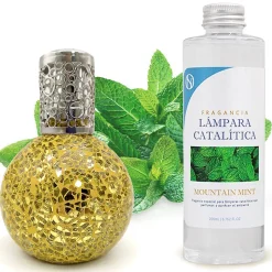 Lampe catalytique Mosaïque Doré + Arôme Mountain Mint 200 ml - Élimine mauvaises odeurs, parfume et améliore la qualité de l'air