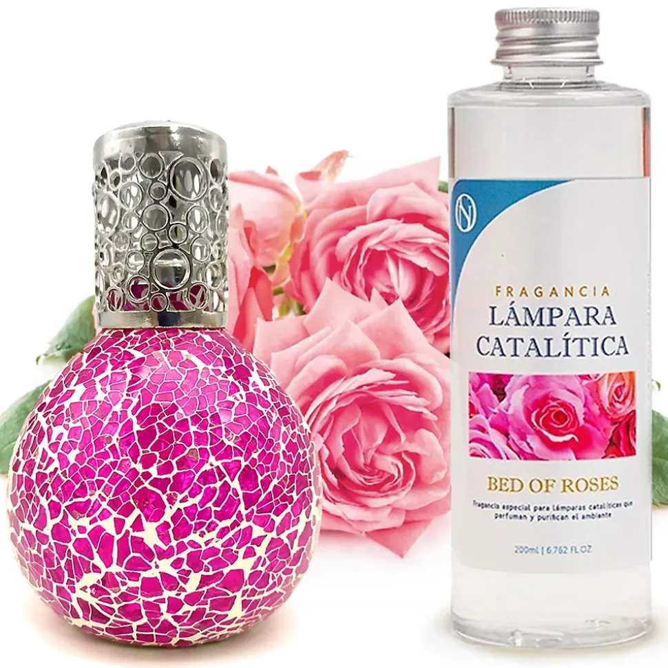 Lampe catalytique Mosaïque Fuchsia + Parfum Bed of Roses 200 ml - Élimine mauvaises odeurs, parfume et améliore qualité de l'air