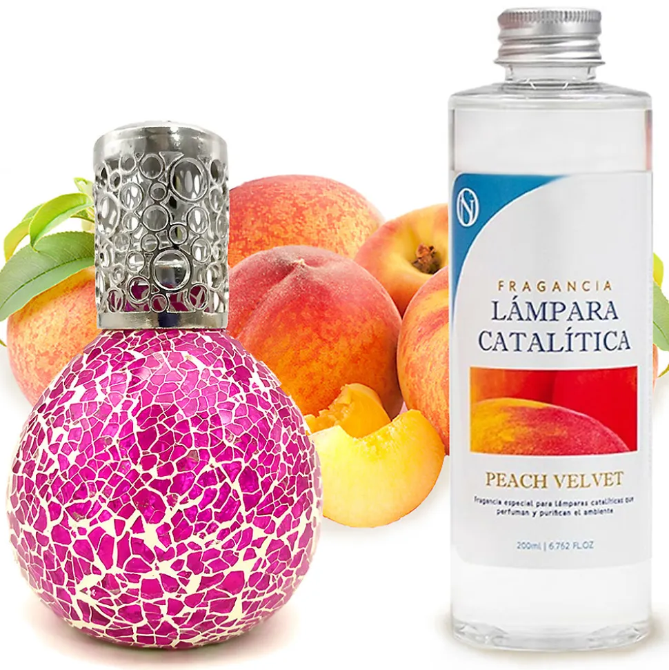 Lampe catalytique Mosaïque Fuchsia + Parfum Peach Velvet 200 ml - Élimine mauvaises odeurs, parfume et améliore qualité de l'air