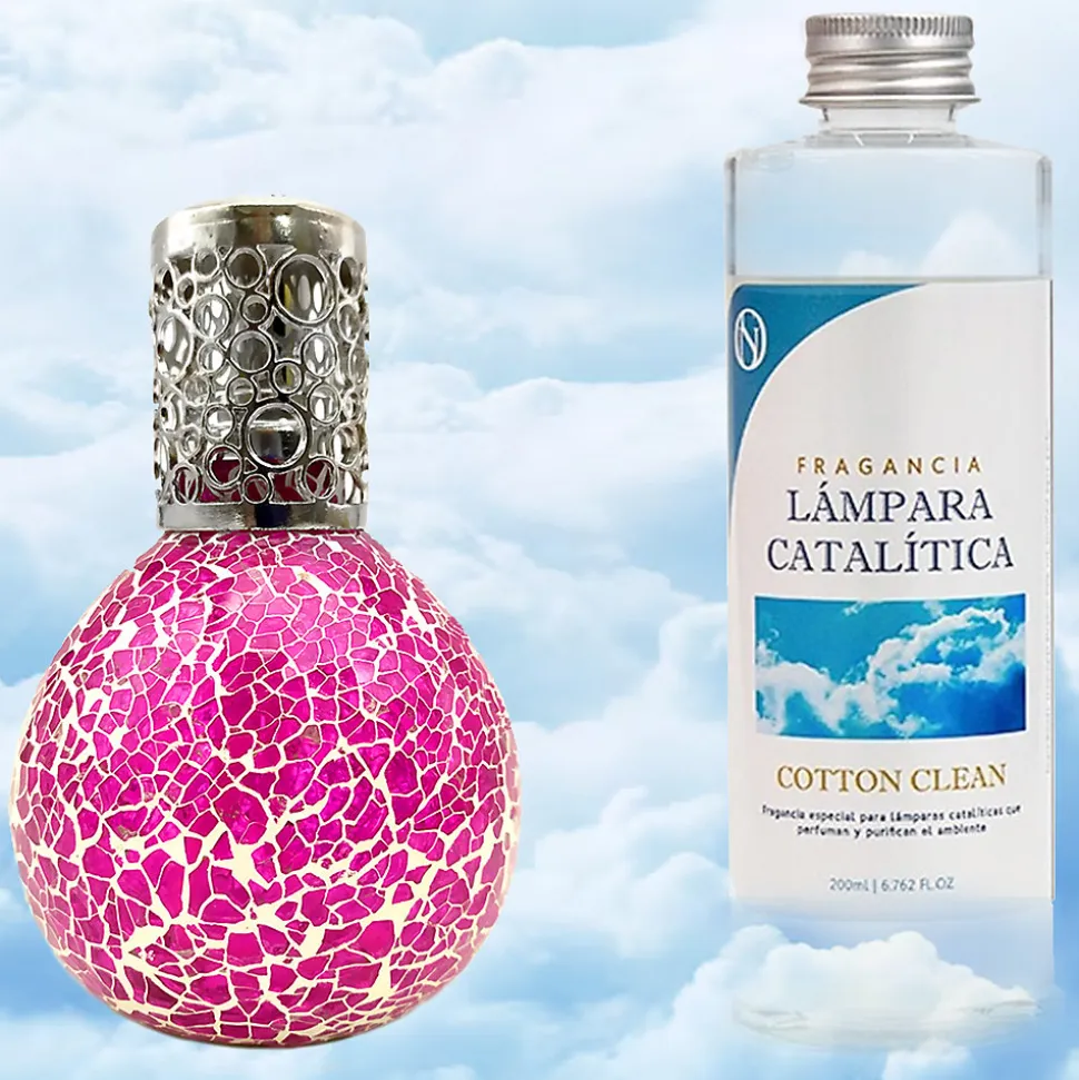 Lampe catalytique Mosaïque Fuchsia + Parfum Cotton Clean 500 ml - Élimine mauvaises odeurs, parfume et améliore qualité de l'air
