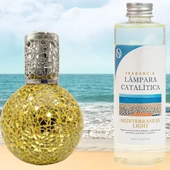 Lampe catalytique Mosaïque Doré + Parfum Mediterranean Light 500ml. Élimine mauvaises odeurs, parfume et améliore qualité de l'air