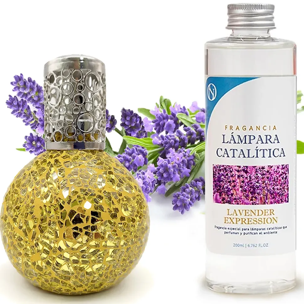 Lampe catalytique Mosaïque Doré + Parfum Lavender Expression 200 ml. Élimine mauvaises odeurs, parfume et améliore qualité de air