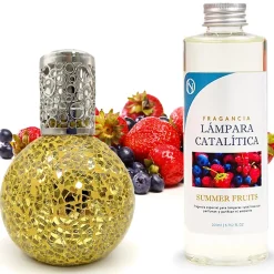 Lampe catalytique Mosaïque Doré + Arôme Summer Fruits 500 ml - Élimine mauvaises odeurs, parfume et améliore la qualité de l'air