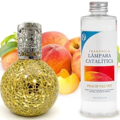 Lampe catalytique Mosaïque Doré + Arôme Peach Velvet 500 ml - Élimine mauvaises odeurs, parfume et améliore la qualité de l'air