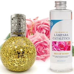 Lampe catalytique Mosaïque Doré + Parfum Bed of Roses 200 ml - Élimine mauvaises odeurs, parfume et améliore la qualité de l'air