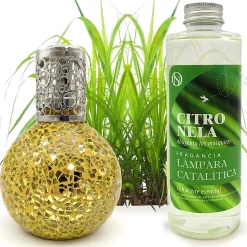 Lampe catalytique Mosaïque Doré + Parfum Citronnelle 500 ml - Élimine mauvaises odeurs, parfume et améliore la qualité de l'air