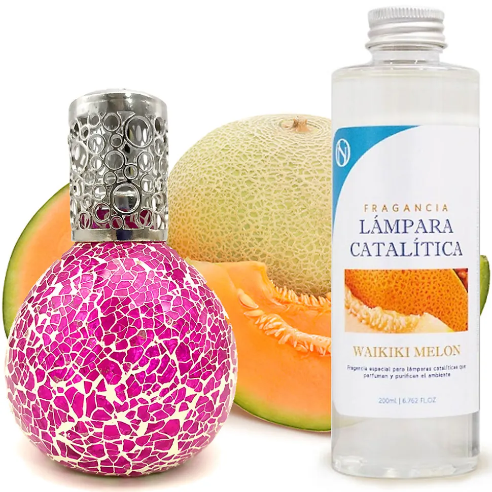 Lampe catalytique Mosaïque Fuchsia + Parfum Waikiki Melon 200 ml - Élimine mauvaises odeurs, parfume et améliore qualité de l'air