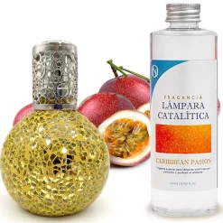 Lampe catalytique Mosaïque Doré + Parfum Caribbean Passion 200 ml - Élimine mauvaises odeurs, parfume et améliore qualité de l'air