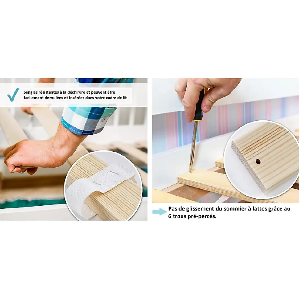 Lattes sans cadre 140x200cm 14 lattes en bois massif pour soutien ferme avec sangle enroulé