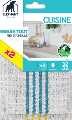 Lavettes microfibres en nid d'abeille x2 pour cuisine Elephant