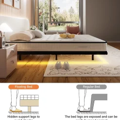 LED cadre de lit en métal, 160x200 cm, hauteur 20 cm, cadre flottant