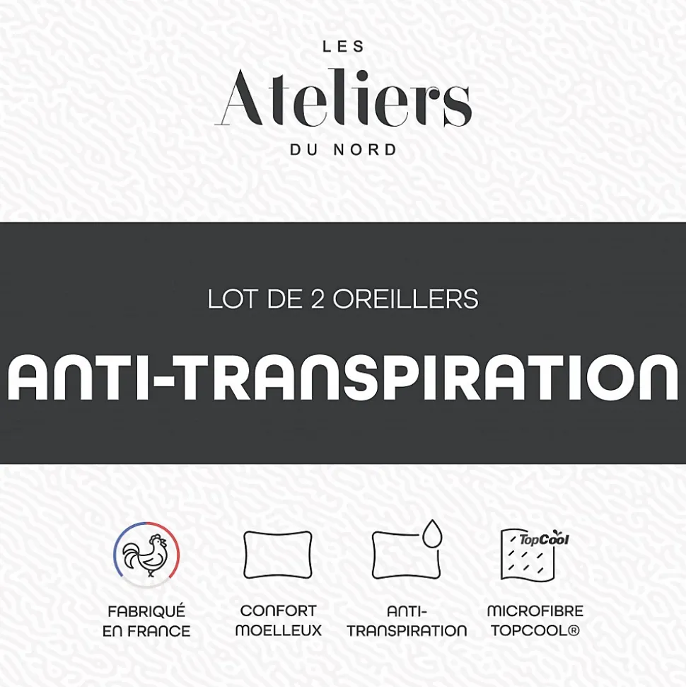 Les Ateliers du Nord - Lot de 2 oreillers Anti-transpiration 60x60cm