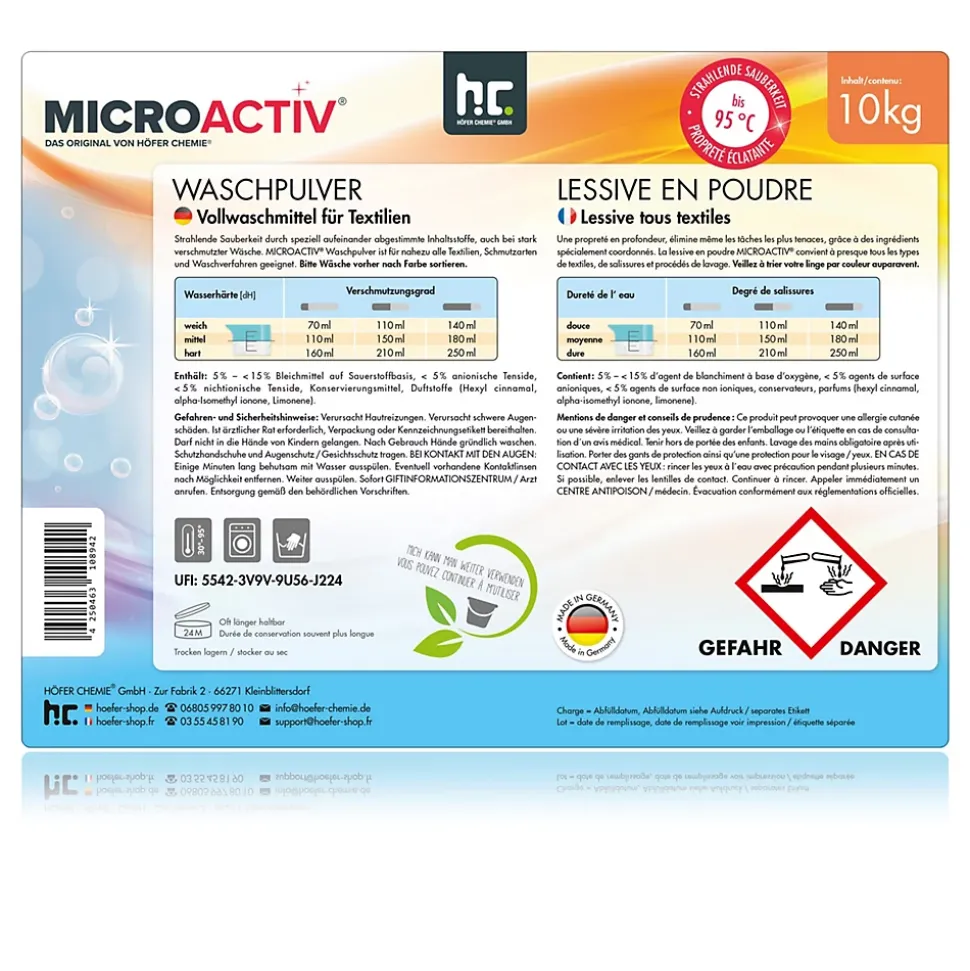 Lessive En Poudre Microactiv 20 L Puissante Pour Blanc Et Couleurs
