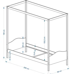 Lit à baldaquin NADINE, 90 x 200 cm, en pin massif, lasuré blanc