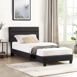 Lit 1 place FLORIDA, 90 x 190 cm, capitonné avec sommier, revêtement en tissu noir