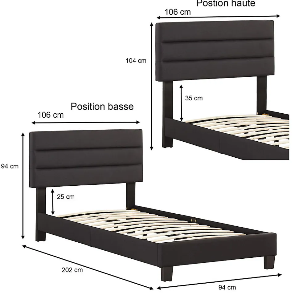 Lit 1 place FLORIDA, 90 x 190 cm, capitonné avec sommier, revêtement en tissu noir