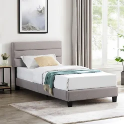 Lit 1 place FLORIDA, 90 x 190 cm, capitonné avec sommier, revêtement en tissu gris