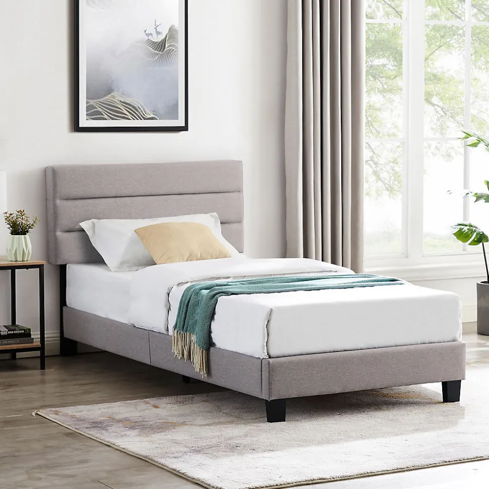 Lit 1 place FLORIDA, 90 x 190 cm, capitonné avec sommier, revêtement en tissu gris