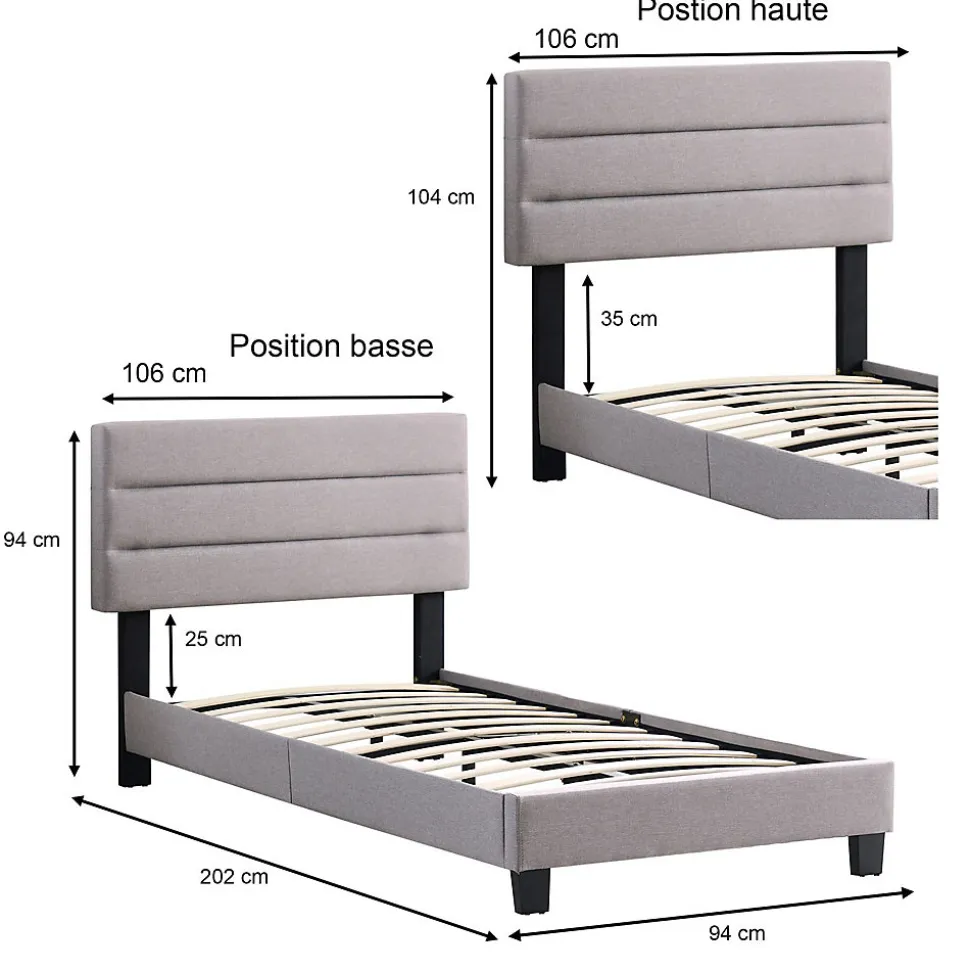 Lit 1 place FLORIDA, 90 x 190 cm, capitonné avec sommier, revêtement en tissu gris