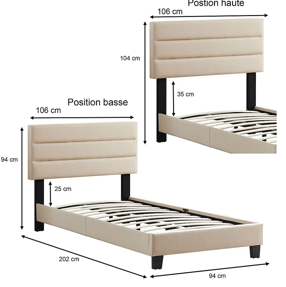 Lit 1 place FLORIDA, 90 x 190 cm, capitonné avec sommier, revêtement en tissu beige