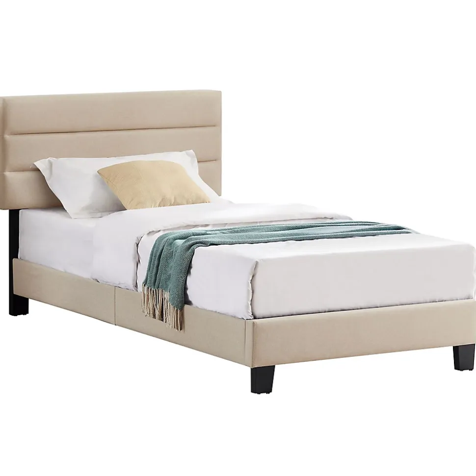 Lit 1 place FLORIDA, 90 x 190 cm, capitonné avec sommier, revêtement en tissu beige