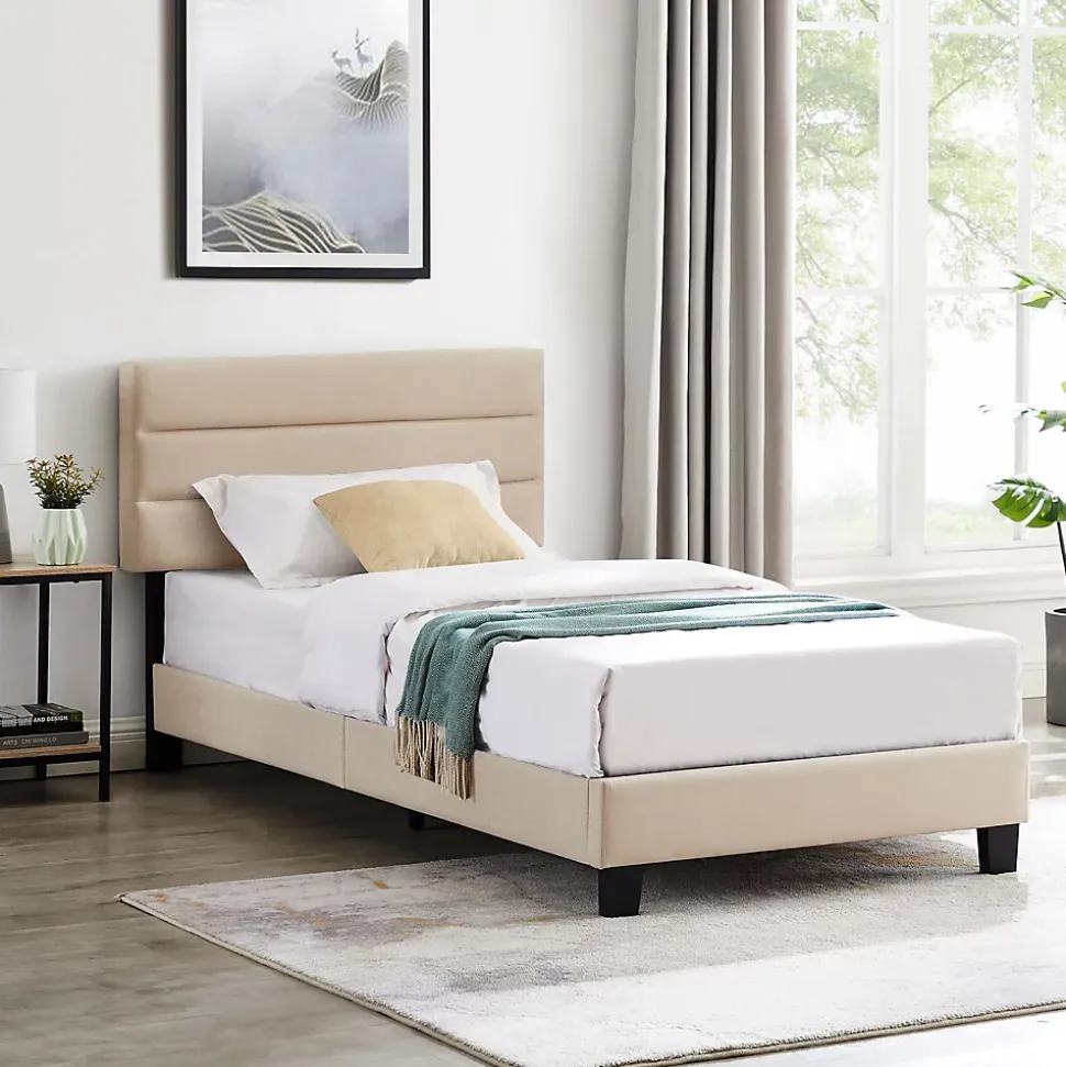 Lit 1 place FLORIDA, 90 x 190 cm, capitonné avec sommier, revêtement en tissu beige