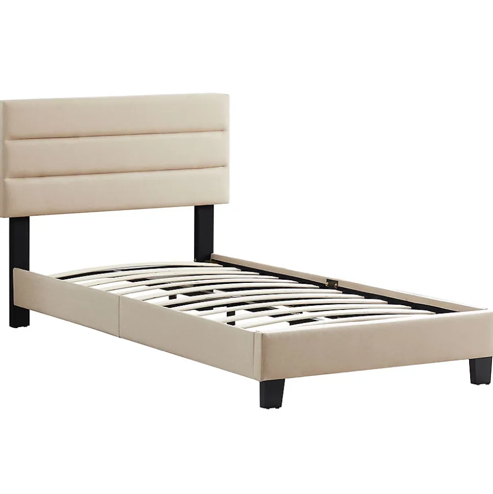 Lit 1 place FLORIDA, 90 x 190 cm, capitonné avec sommier, revêtement en tissu beige