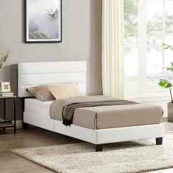 Lit 1 place HUDSON, 90 x 190 cm, capitonné avec sommier, revêtement synthétique blanc