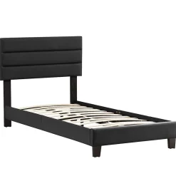 Lit 1 place HUDSON, 90 x 190 cm, capitonné avec sommier, revêtement synthétique noir