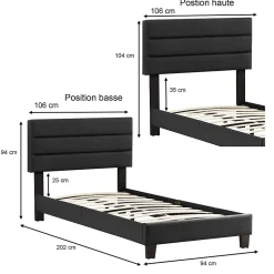 Lit 1 place HUDSON, 90 x 190 cm, capitonné avec sommier, revêtement synthétique noir