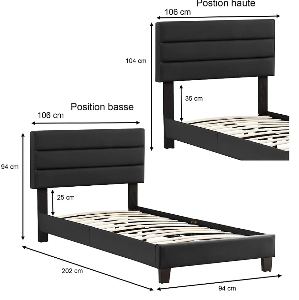 Lit 1 place HUDSON, 90 x 190 cm, capitonné avec sommier, revêtement synthétique noir