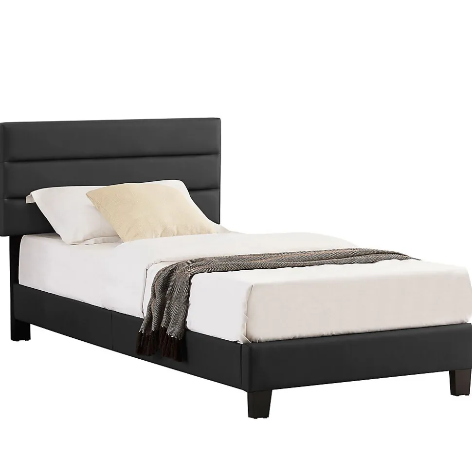 Lit 1 place HUDSON, 90 x 190 cm, capitonné avec sommier, revêtement synthétique noir