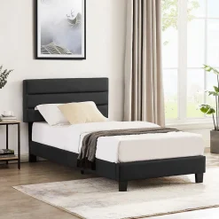 Lit 1 place HUDSON, 90 x 190 cm, capitonné avec sommier, revêtement synthétique noir