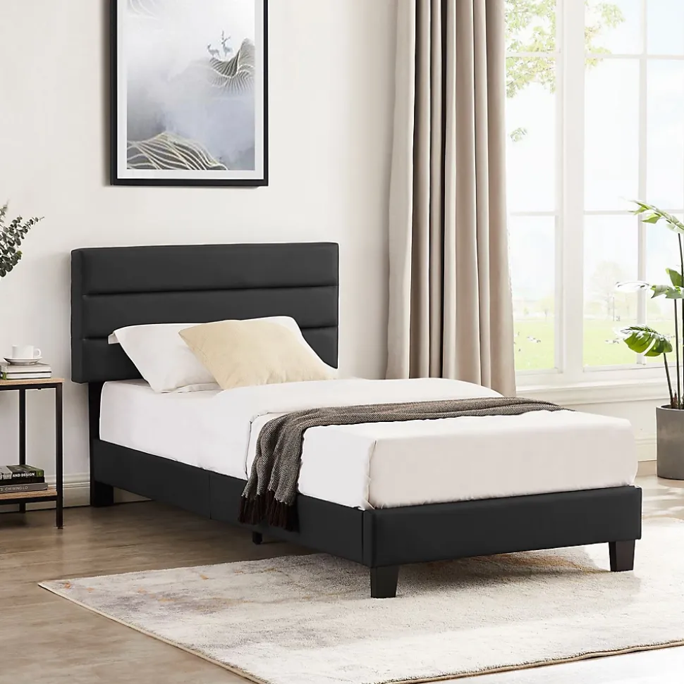 Lit 1 place HUDSON, 90 x 190 cm, capitonné avec sommier, revêtement synthétique noir