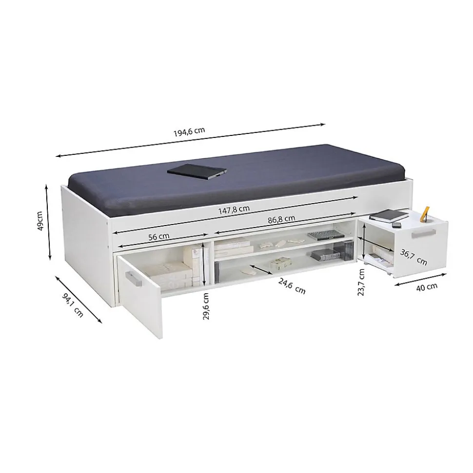 Lit 1 place 90x190cm avec rangement incl. Sommier chevet et étagère