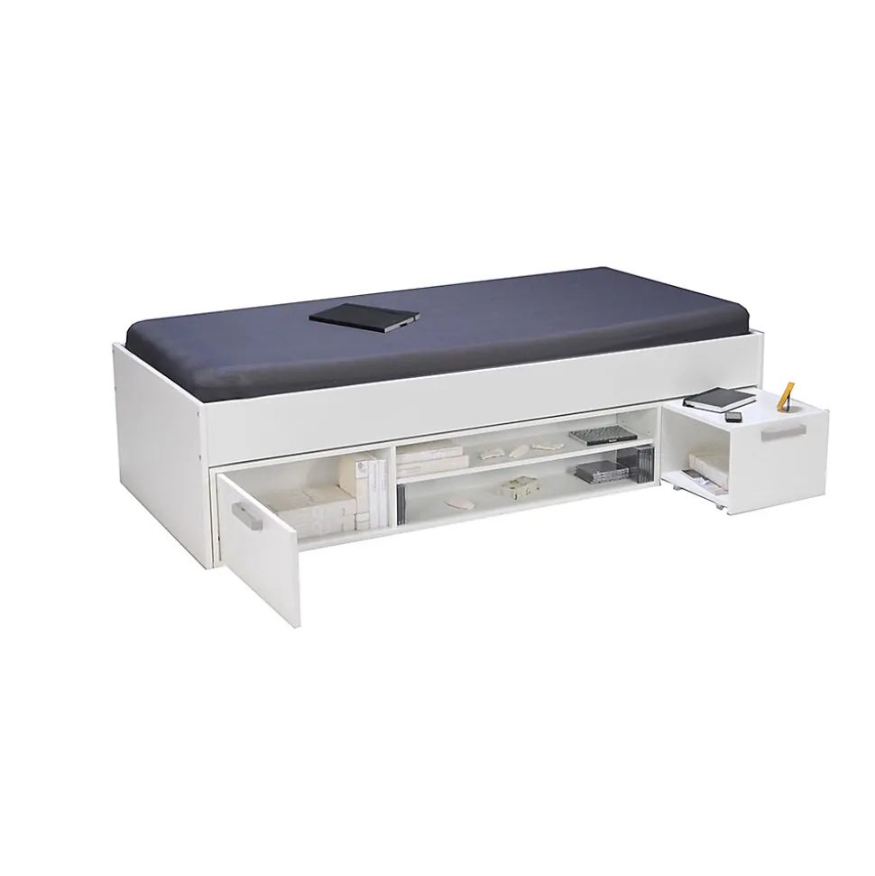 Lit 1 place 90x190cm avec rangement incl. Sommier chevet et étagère