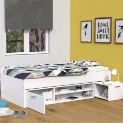 Lit 1 place 90x190cm avec rangement incl. Sommier chevet et étagère