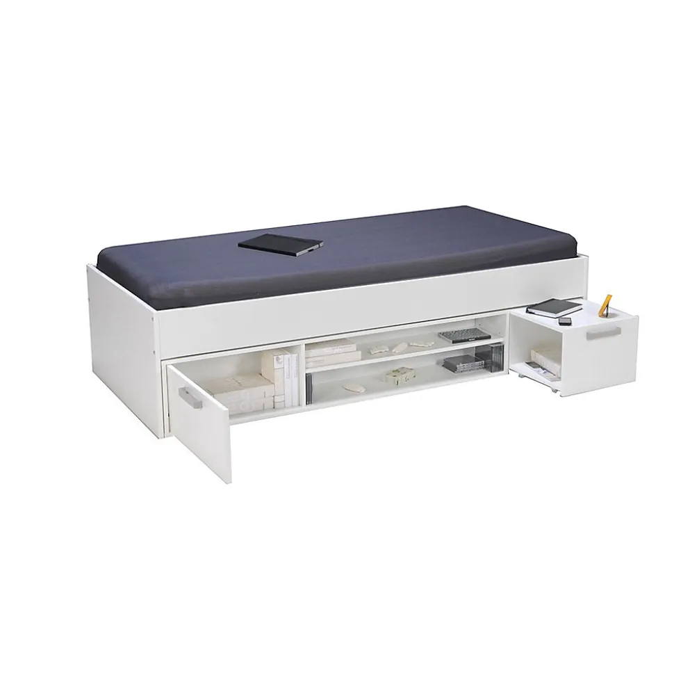 Lit 1 place 90x200cm avec rangement incl. chevet et étagère