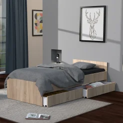 Lit 1 place 90x190cm blanc KIAPA couleur chêne inclus sommier et 2 tiroirs pour rangement