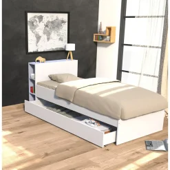 Lit 1 place 90x190cm blanc ROGO inclus tete de lit avec étageres