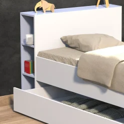 Lit 1 place 90x190cm blanc ROGO inclus tete de lit avec étageres